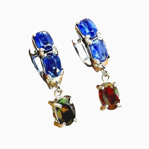925 Silver Earrings with Black Opal 7x5mm & Kyanite Gems - Picture 1 of 3